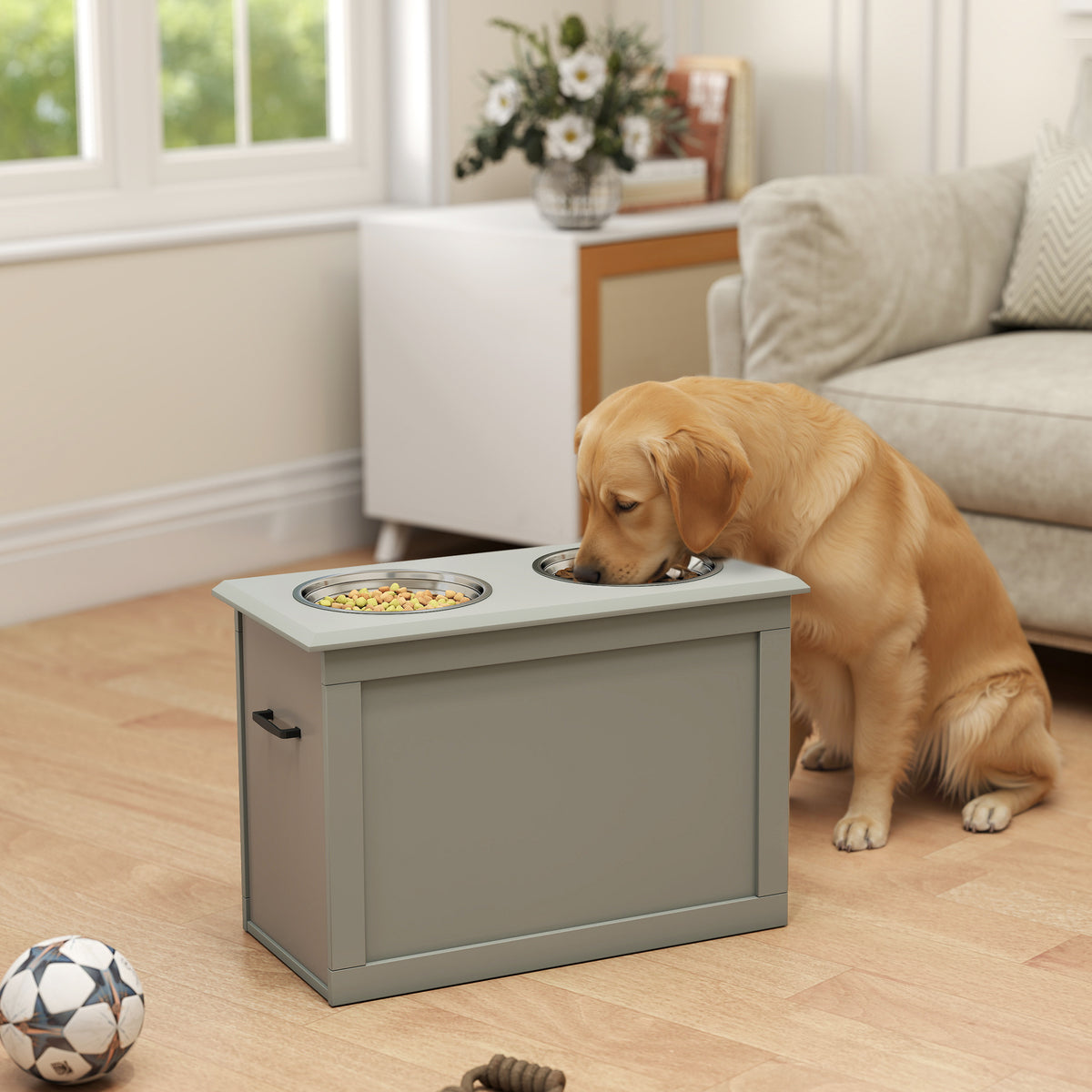 VELPURI™ Raised Dog Feeder with Storage & 2 Stainless Steel Bowls